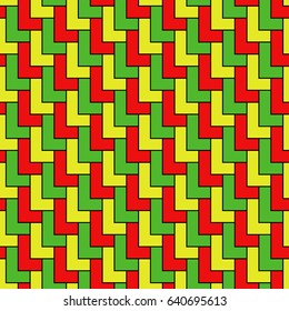 L shape color blocks wallpaper. Repeated mosaic figures on black background. Seamless surface pattern design with polygons. Pavement motif. Digital paper with pavers for page fills, web designing.