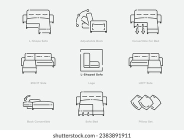 L shape smart sofa line icon set with smart function convertible for bed vector illustration.