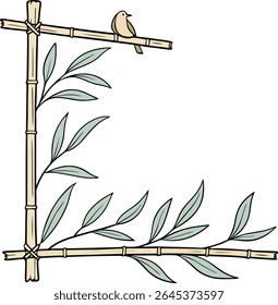 L shaped bamboo frame with scattered green leaves and simple alignment, ideal for nature-themed graphics, Asian-style branding, eco packaging, or botanical compositions