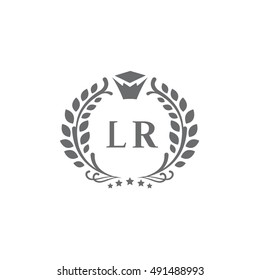 L tetter and R letter education vector logo design template.  Typographic  monogram. School cap and crown illustration. University, academy, college and school emblems, labels, badges. 