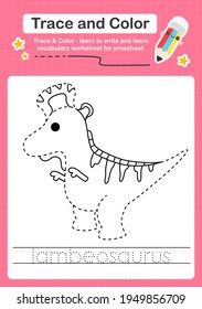 L Tracing word for dinosaurs and coloring trace worksheet for kids to practice writing skills with the word Lambeosaurus 