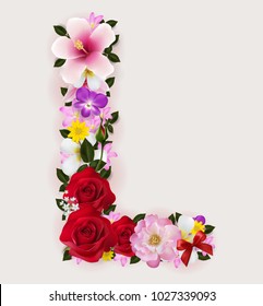 L, vector font with realistic of beautiful tropical flowers on background color.