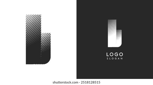 L vector letter. Sharp contrast monogram strike diagonal hatching for industrial yet modern look. High bold logo template. Logotype concept design for brand in tech, architecture, fashion