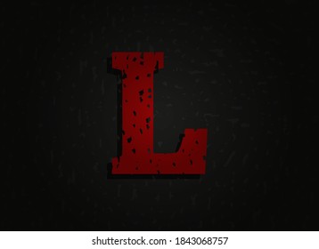 Letra roja vectorial L hecha de textura gruesa. Una fuente loca de miedo brutal. Diseño de estilo temático nocturno.  Para logotipo, marca, afiche, elementos de diseño, etc.   