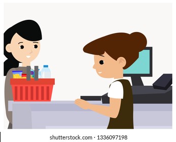 l woman cashier with bar-code scanner and young woman with purchases. female shopping in supermarket and paying . Flat style vector illustration isolated on white background