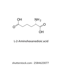 L-2-Aminohexanedioic acid skeletal structure.Amino acid compound schematic illustration. Simple diagram, chemical structure.