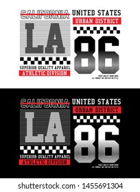 LA 86 typography USA style. T-shirt graphics with race flag. Vector illustrations