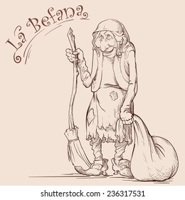 La Befana - the Italian colleague of Santa Clause. EPS8 vector illustration in a simple sketch style.