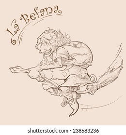 La Befana - The Italian Colleague Of Santa. An Old Lady Flying On The Broom On The Epiphany Eve Over The Country And Delivering Gifts To Children. EPS8 Vector Illustration In A Simple Sketch Style.