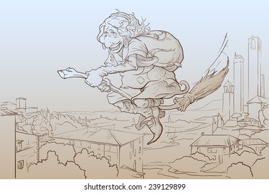 La Befana - the Italian colleague of Santa. An old lady flying on the broom on the Epiphany eve over San Gimignano and delivering gifts to children. EPS8 vector illustration in a simple sketch style.