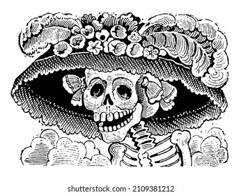 La Calavera Catrina classic day of the dead illustration. Best version entire restoration to black and white. Cleaned and redrawn repairs. Artifacts removed.