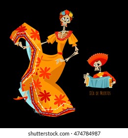 La Calavera Catrina. Dancing skeleton. Dia de Muertos. Vector illustration