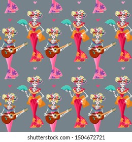 La Calavera Catrina. Elegant Skull. Dia de Muertos (Day of the Dead). Mexican tradition. Seamless background pattern. Vector illustration. 