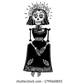 La Calavera Catrina, Elegant Skull Dia de los Muertos mexican sugar skull. girl skeleton sits and plays maracas on the day of the death of all saints. Vector skull icon for cards, posters, stickers an