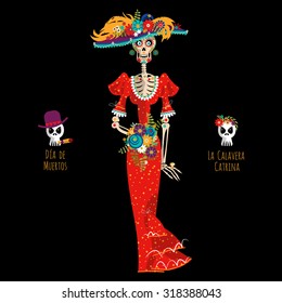 La Calavera Catrina. Elegant Skull. Dia de Muertos. Mexican tradition. Vector illustration