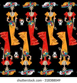 La Calavera Catrina. Elegant Skull. Dia de Muertos. Seamless background pattern. Vector illustration