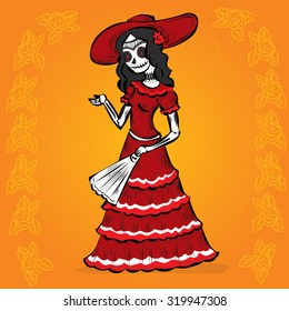 La Calavera Catrina. Elegant Skull. Dia de Muertos. Mexican tradition. Hand drawn vector illustration