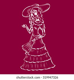 La Calavera Catrina. Elegant Skull. Dia de Muertos. Mexican tradition. Hand drawn vector illustration