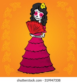 La Calavera Catrina. Elegant Skull. Dia de Muertos. Mexican tradition. Hand drawn vector illustration