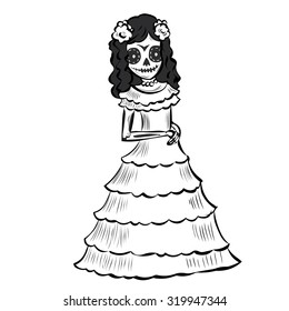 La Calavera Catrina. Elegant Skull. Dia de Muertos. Mexican tradition. Hand drawn vector illustration