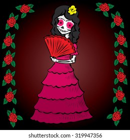 La Calavera Catrina. Elegant Skull. Dia de Muertos. Mexican tradition. Hand drawn vector illustration