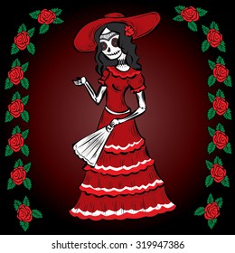 La Calavera Catrina. Elegant Skull. Dia de Muertos. Mexican tradition. Hand drawn vector illustration