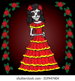 La Calavera Catrina. Elegant Skull. Dia de Muertos. Mexican tradition. Hand drawn vector illustration