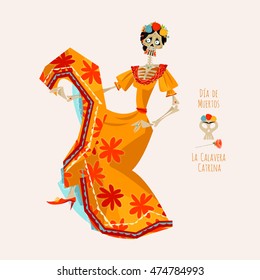 La Calavera Catrina. Elegant Skull. Dia de Muertos. Dancing skeleton. Vector illustration