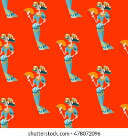 La Calavera Catrina. Elegant Skull. Dia de Muertos. Seamless background pattern. Vector illustration