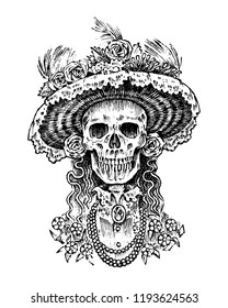 La Calavera Catrina. Elegant woman skeleton. Day of the dead. Spanish Dia de los Muertos. Mexican national holiday. Engraved hand drawn Vintage old monochrome sketch. Vector illustration.