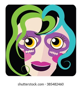 La Calavera Catrina face as personal avatar or square button. Dead woman face with scary make-up. Sugar Skull with green hair. Dia de Muertos. Mexican tradition of All Souls Day. Vector illustration.
