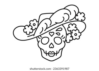 Icono de La Calavera Catrina. Carácter mexicano - cráneo femenino con sombrero con flores y plumas. El Día Mexicano de la Muerte. Icono de línea delgada modificable.