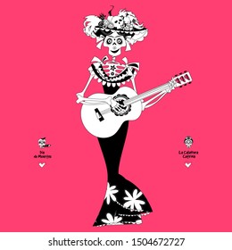 La Calavera Catrina playing guitar. Elegant Skull. Dia de Muertos (Day of the Dead). Mexican tradition. Black and white. Vector illustration