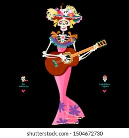 La Calavera Catrina spielt Gitarre. Eleganter Schädel. Dia de Muertos (Tag der Toten). mexikanische Tradition. Vektorgrafik