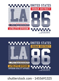 LA California 86 typography slogan. T-shirt graphics with race flag. Vector illustrations