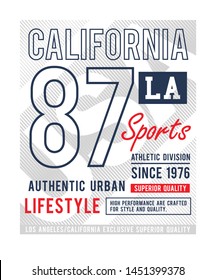 LA California 87 t-shirt and apparel design, textured lettering. Vector print, typography, poster, emblem.