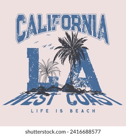 LA California palm background T-shirt , sweatshirt, tops, poster, Vintage Beach Waves Graphic T-shirt design in vector format, this design included Vintage typography waves text, modern palm