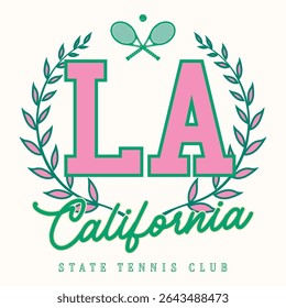 LA California tênis clube emblema e tipografia vintage faculdade estado retro slogan impressão para T-shirt gráfico ou moletom capuz