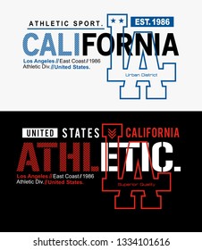  LA California typography design with a background of black white color, set for t-shirt print and other uses. Varsity style design graphics.