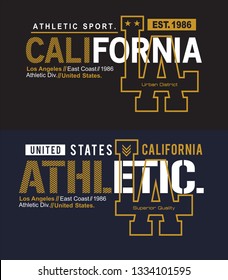 LA California typography designs, set for t-shirt print and other uses. Varsity style design graphics.Vector image