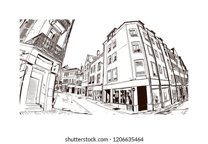 La Capitale de la lumiere et du parfum, Paris, France's capital, is a major European city and a global center for art, fashion, gastronomy and culture. Hand drawn sketch illustration in vector.