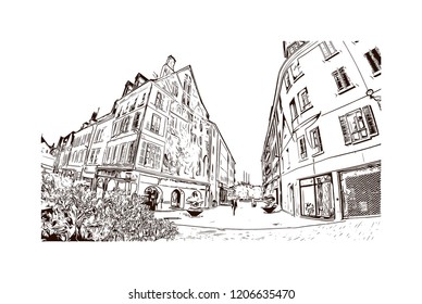 La Capitale de la lumiere et du parfum, Paris, France's capital, is a major European city and a global center for art, fashion, gastronomy and culture. Hand drawn sketch illustration in vector.