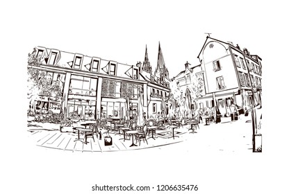 La Capitale de la lumiere et du parfum, Paris, France's capital, is a major European city and a global center for art, fashion, gastronomy and culture. Hand drawn sketch illustration in vector.