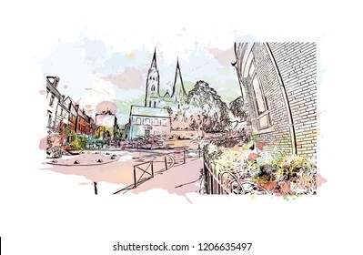 La Capitale de la lumiere et du parfum, Paris, France's capital, is a major European city and a global center for art and culture. Watercolor splash with Hand drawn sketch illustration in vector.