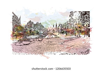 La Capitale de la lumiere et du parfum, Paris, France's capital, is a major European city and a global center for art and culture. Watercolor splash with Hand drawn sketch illustration in vector.