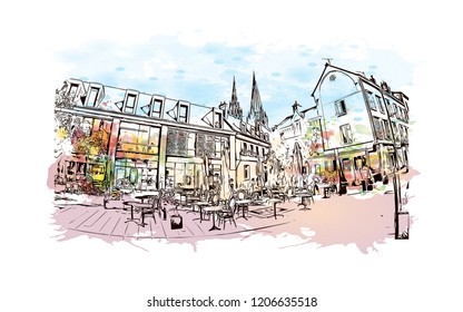 La Capitale de la lumiere et du parfum, Paris, France's capital, is a major European city and a global center for art and culture. Watercolor splash with Hand drawn sketch illustration in vector.