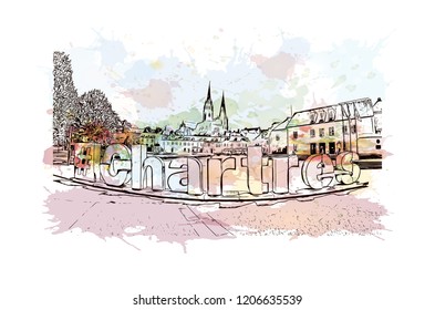 La Capitale de la lumiere et du parfum, Paris, France's capital, is a major European city and a global center for art and culture. Watercolor splash with Hand drawn sketch illustration in vector.