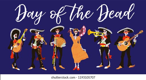 la Catrina and el mariachi musicians. Skeleton characters design. Day of the dead or halloween isolated vector illustration. Element for card, poster, or product for holiday.