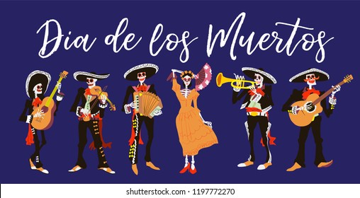 la Catrina   el mariachi musicians  Skeleton characters design  Dia de los muertos halloween isolated vector illustration  Element for card  poster  product for holiday 