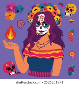 la catrina. Mexikanische Tag der Toten, Zucker Schädel Calavera Make-up Frau, Día de los muertos Karneval. 